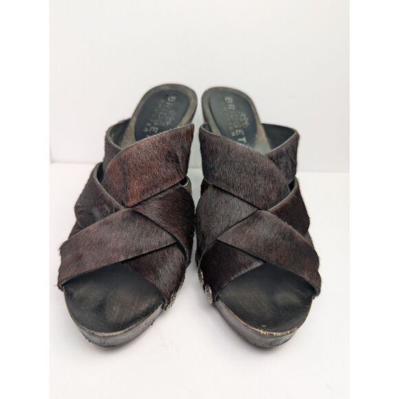 Vintage Y2K Bridget Shuster Brown calf Hair Leather Wood Platform Heel Womens 6 - Picture 4 of 9